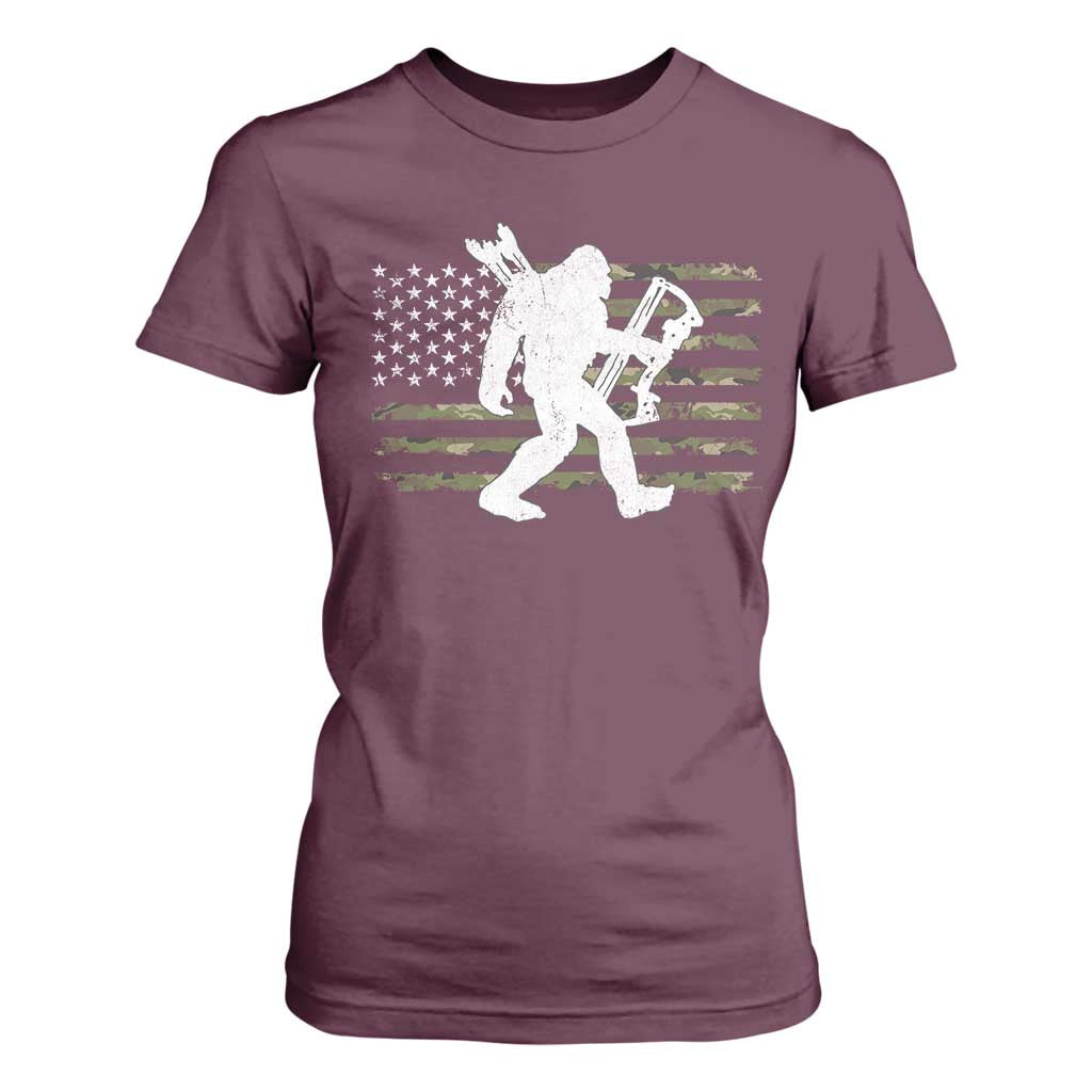 Bow Hunting Archer Bigfoot T Shirt For Women Sasquatch Camo US Flag Hunter Dad TS10 Maroon Print Your Wear
