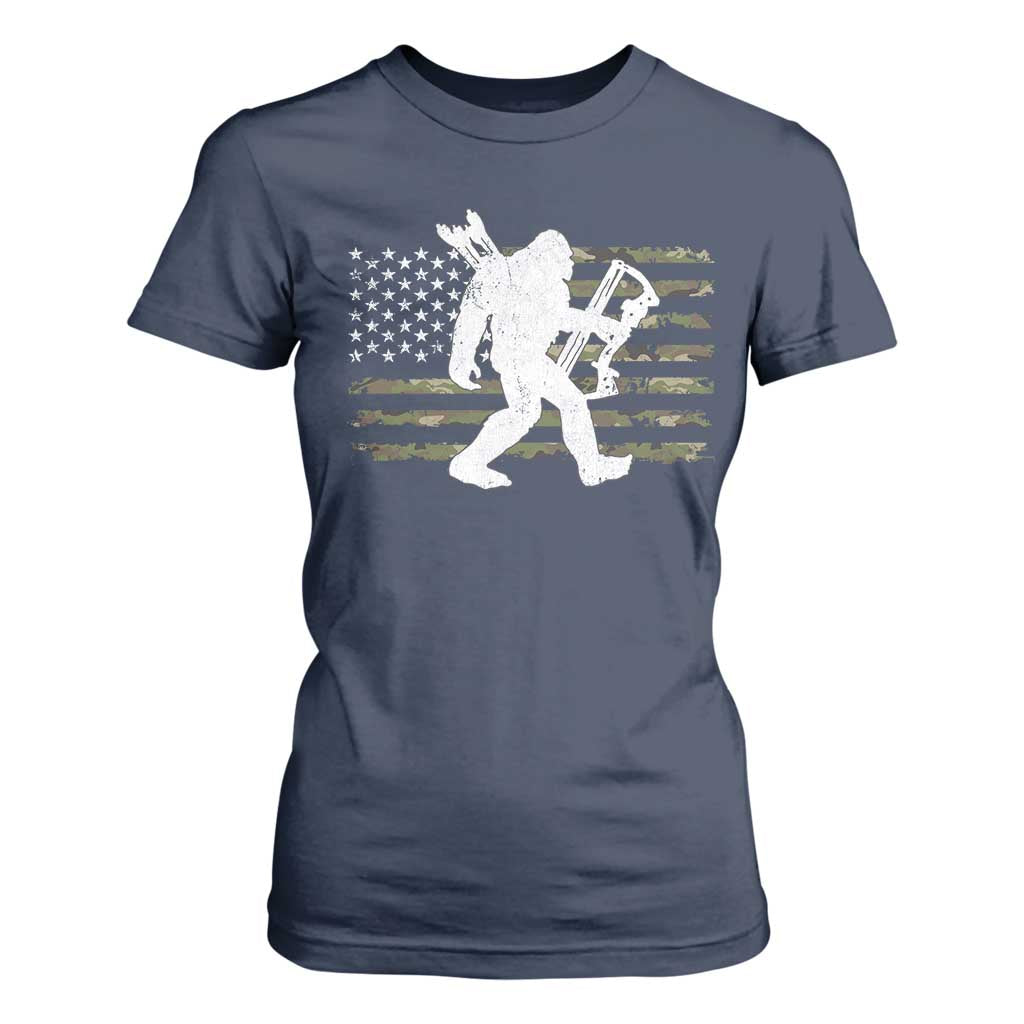 Bow Hunting Archer Bigfoot T Shirt For Women Sasquatch Camo US Flag Hunter Dad TS10 Navy Print Your Wear
