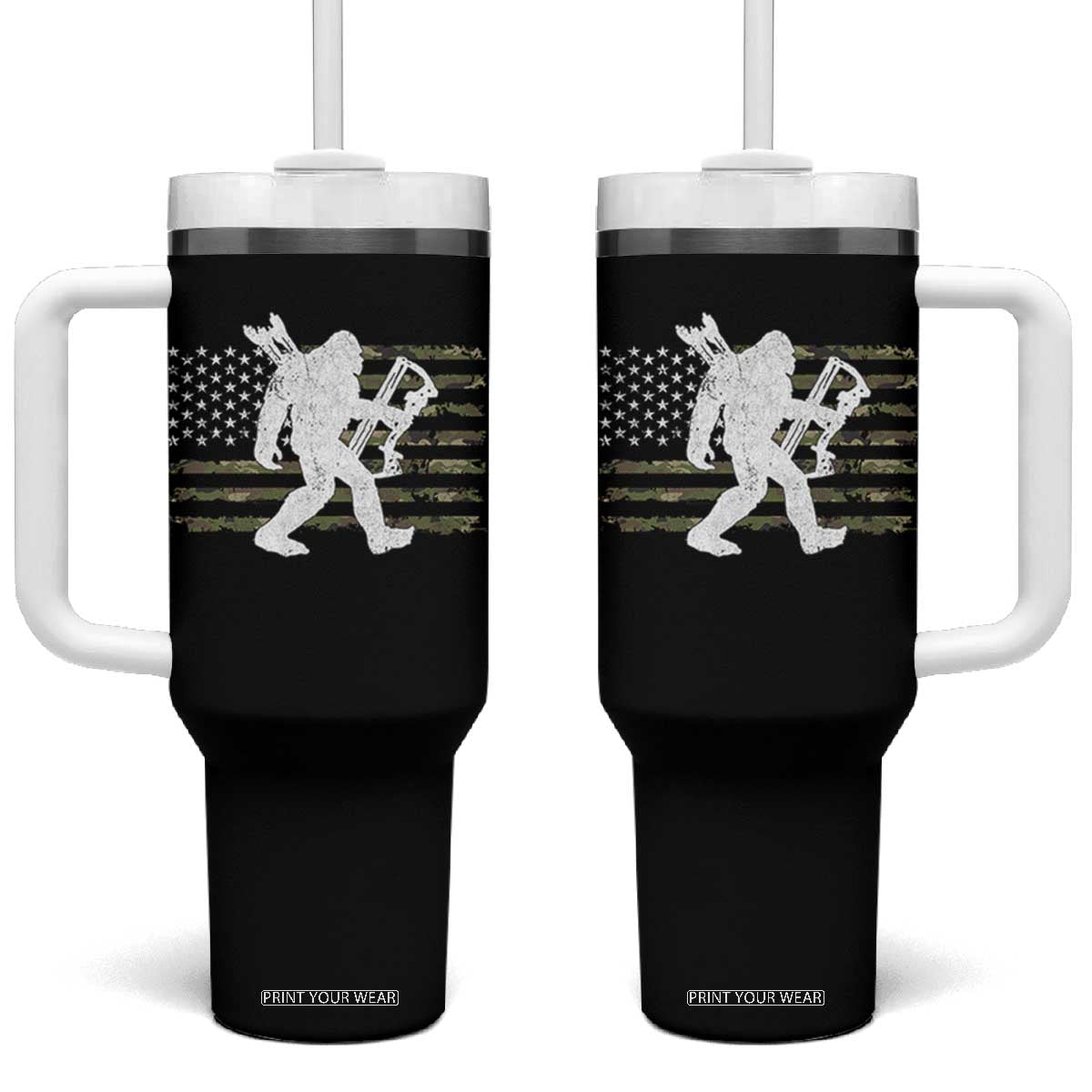 Bow Hunting Archer Bigfoot Tumbler With Handle Sasquatch Camo US Flag Hunter Dad TS10 One Size: 40 oz Black Print Your Wear