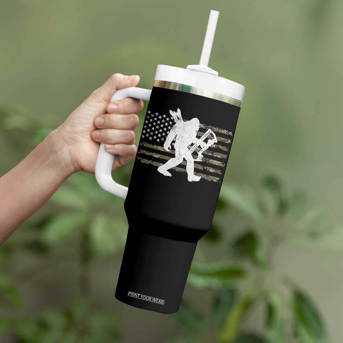 Bow Hunting Archer Bigfoot Tumbler With Handle Sasquatch Camo US Flag Hunter Dad TS10 Print Your Wear