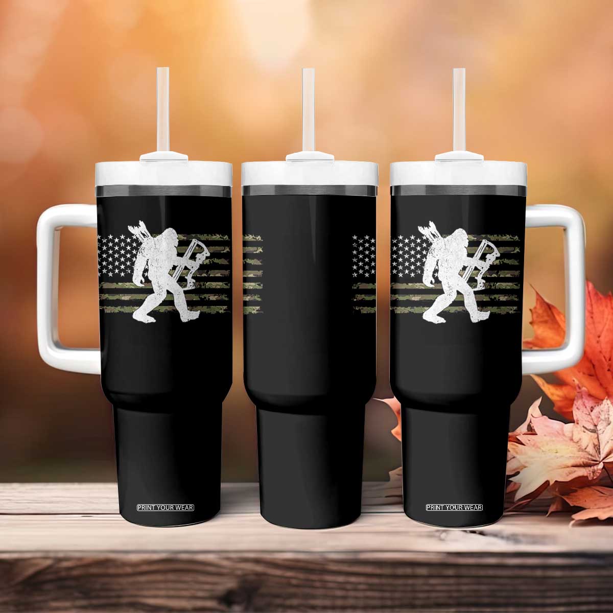 Bow Hunting Archer Bigfoot Tumbler With Handle Sasquatch Camo US Flag Hunter Dad TS10 Print Your Wear
