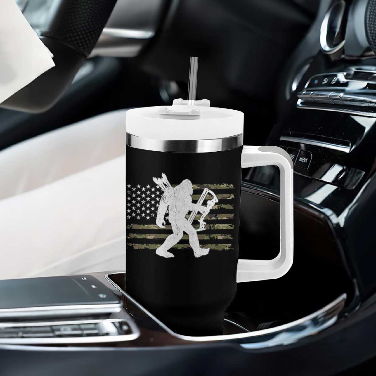 Bow Hunting Archer Bigfoot Tumbler With Handle Sasquatch Camo US Flag Hunter Dad TS10 Print Your Wear