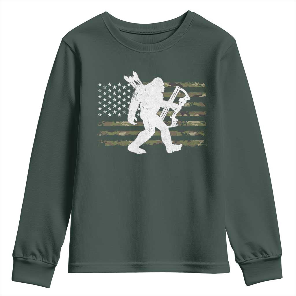 Bow Hunting Archer Bigfoot Youth Sweatshirt Sasquatch Camo US Flag Hunter Dad TS10 Dark Forest Green Print Your Wear