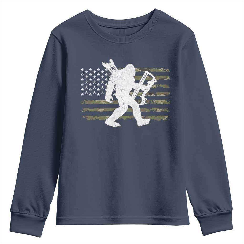 Bow Hunting Archer Bigfoot Youth Sweatshirt Sasquatch Camo US Flag Hunter Dad TS10 Navy Print Your Wear