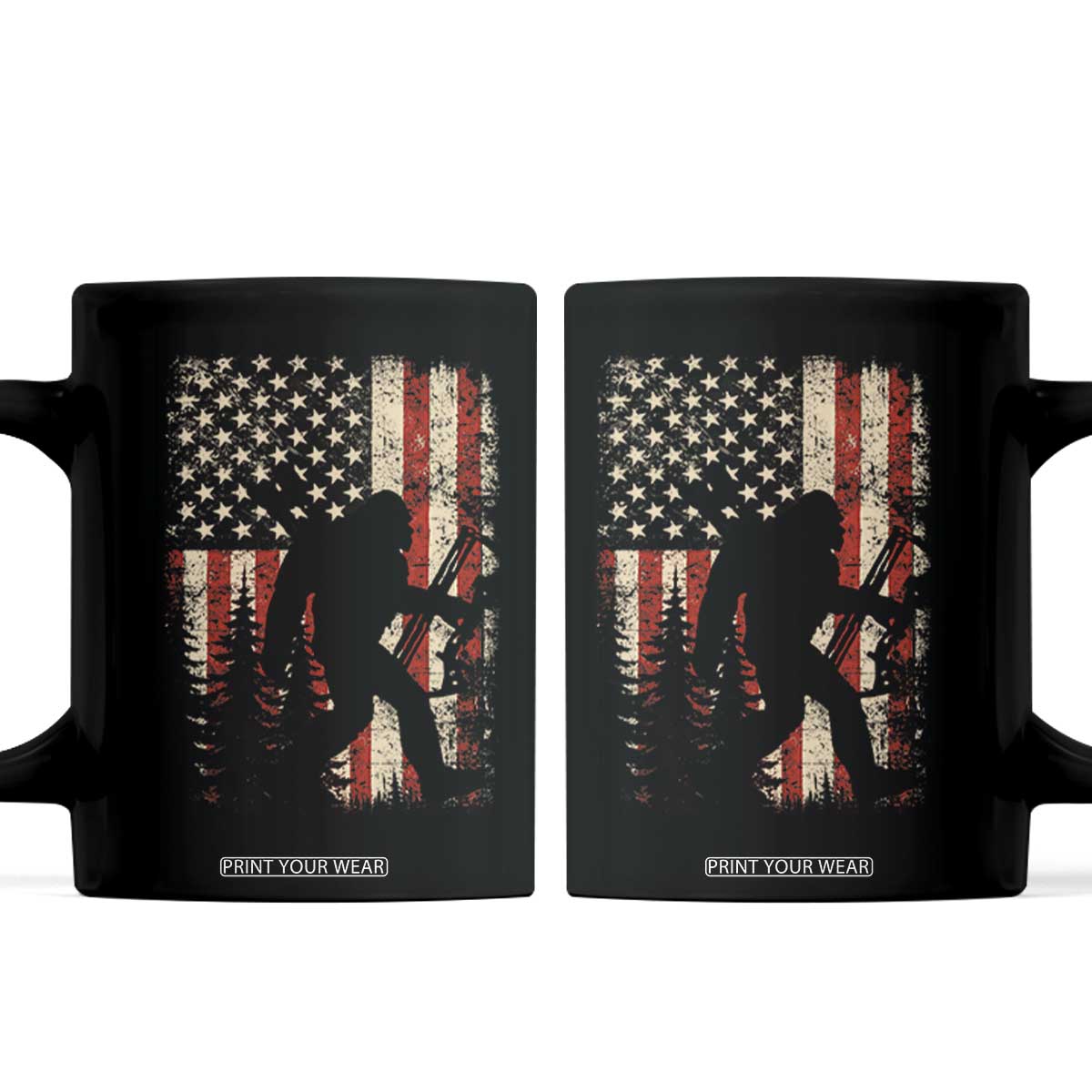 Bow Hunting Bigfoot America Flag Coffee Mug Patriotic Sasquatch With Archer Hunter Dad TS10 Black Print Your Wear