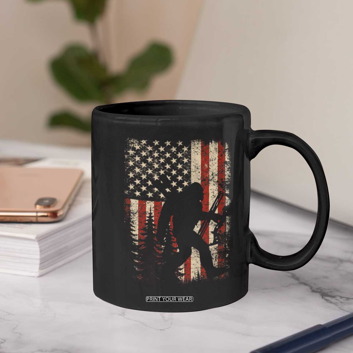 Bow Hunting Bigfoot America Flag Coffee Mug Patriotic Sasquatch With Archer Hunter Dad TS10 Print Your Wear