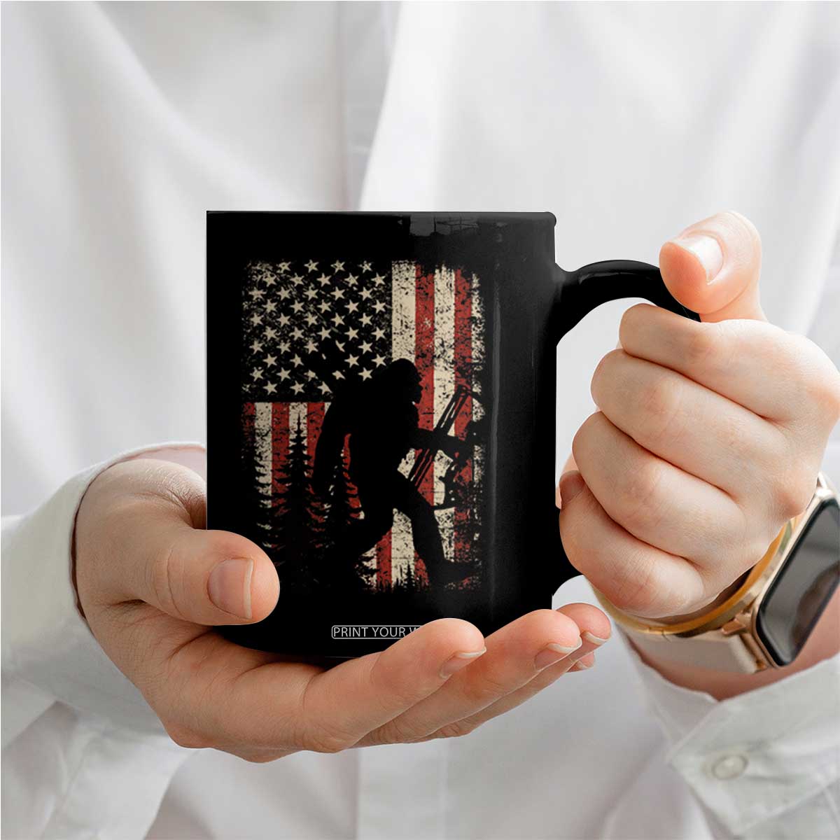 Bow Hunting Bigfoot America Flag Coffee Mug Patriotic Sasquatch With Archer Hunter Dad TS10 Print Your Wear