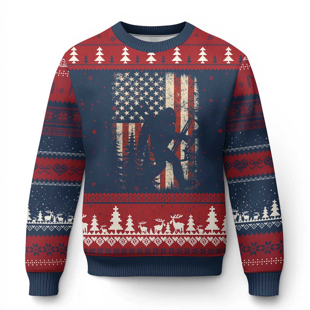 Bow Hunting Bigfoot America Flag Ugly Christmas Sweater Patriotic Sasquatch With Archer Hunter Dad TS10 Navy Red Print Your Wear
