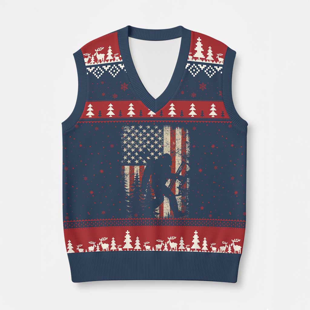 Bow Hunting Bigfoot America Flag V-Neck Knit Sweater Vest Patriotic Sasquatch With Archer Hunter Dad TS10 Navy Red Print Your Wear