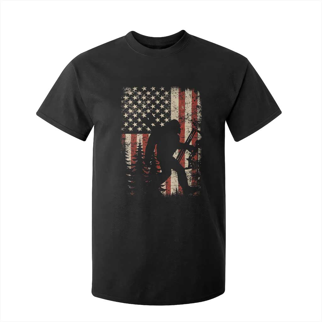 Bow Hunting Bigfoot America Flag T Shirt For Kid Patriotic Sasquatch With Archer Hunter Dad TS10 Black Print Your Wear