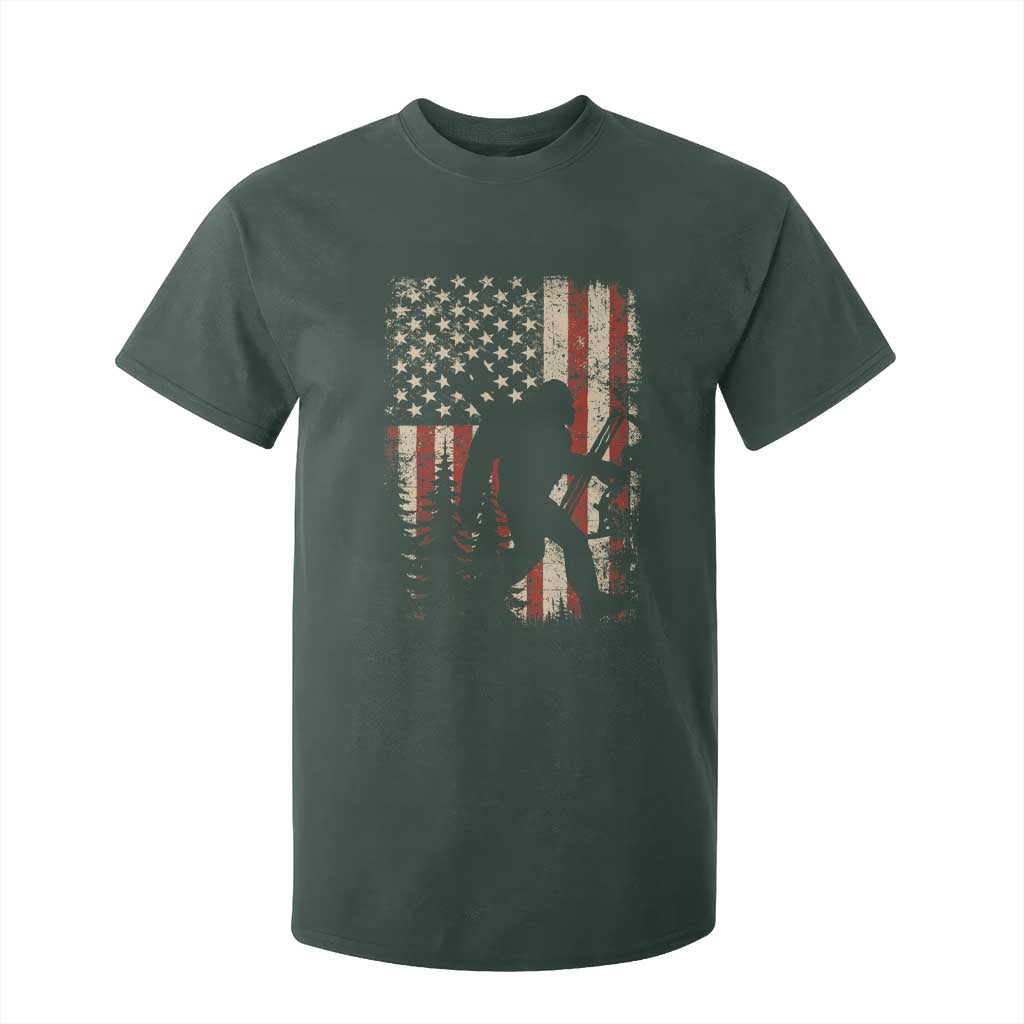 Bow Hunting Bigfoot America Flag T Shirt For Kid Patriotic Sasquatch With Archer Hunter Dad TS10 Dark Forest Green Print Your Wear