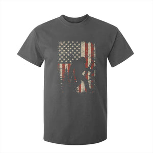 Bow Hunting Bigfoot America Flag T Shirt For Kid Patriotic Sasquatch With Archer Hunter Dad TS10 Dark Heather Print Your Wear