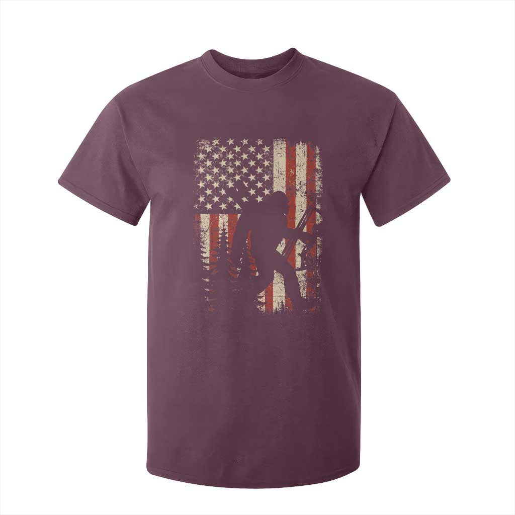 Bow Hunting Bigfoot America Flag T Shirt For Kid Patriotic Sasquatch With Archer Hunter Dad TS10 Maroon Print Your Wear