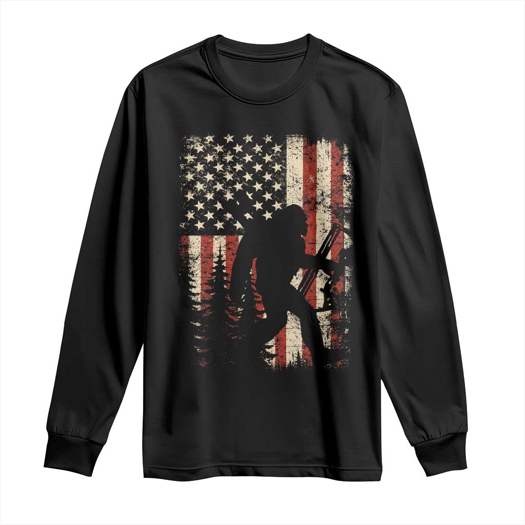 Bow Hunting Bigfoot America Flag Long Sleeve Shirt Patriotic Sasquatch With Archer Hunter Dad TS10 Black Print Your Wear