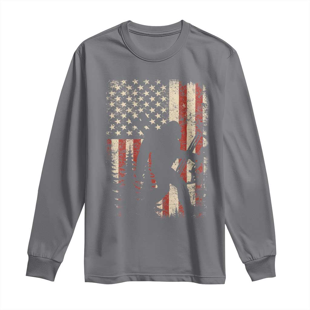 Bow Hunting Bigfoot America Flag Long Sleeve Shirt Patriotic Sasquatch With Archer Hunter Dad TS10 Charcoal Print Your Wear