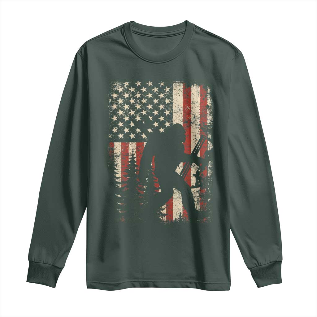 Bow Hunting Bigfoot America Flag Long Sleeve Shirt Patriotic Sasquatch With Archer Hunter Dad TS10 Dark Forest Green Print Your Wear