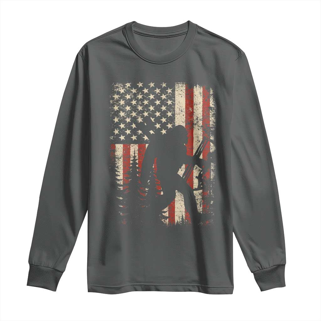 Bow Hunting Bigfoot America Flag Long Sleeve Shirt Patriotic Sasquatch With Archer Hunter Dad TS10 Dark Heather Print Your Wear