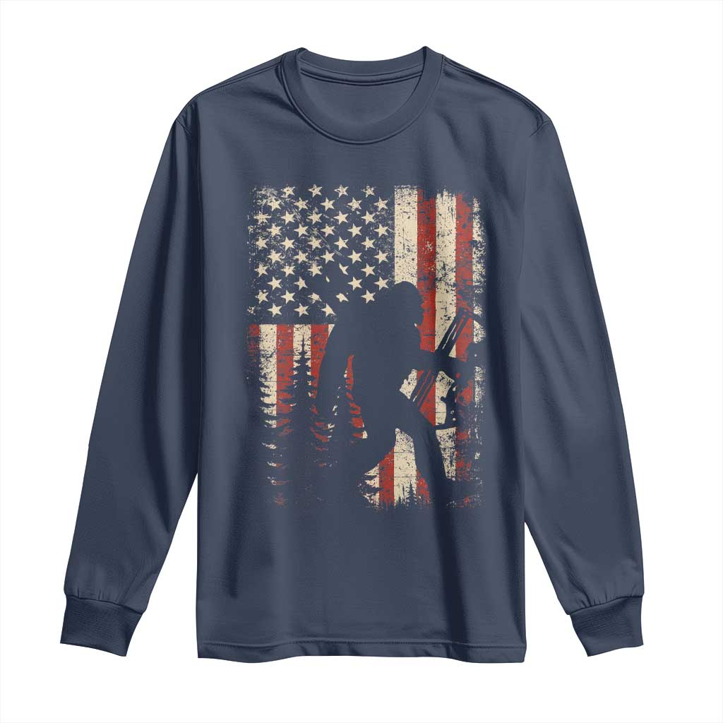 Bow Hunting Bigfoot America Flag Long Sleeve Shirt Patriotic Sasquatch With Archer Hunter Dad TS10 Navy Print Your Wear