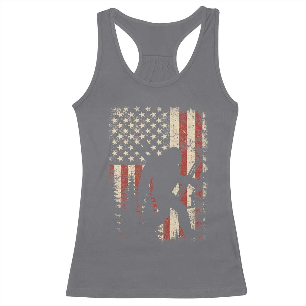 Bow Hunting Bigfoot America Flag Racerback Tank Top Patriotic Sasquatch With Archer Hunter Dad TS10 Charcoal Print Your Wear