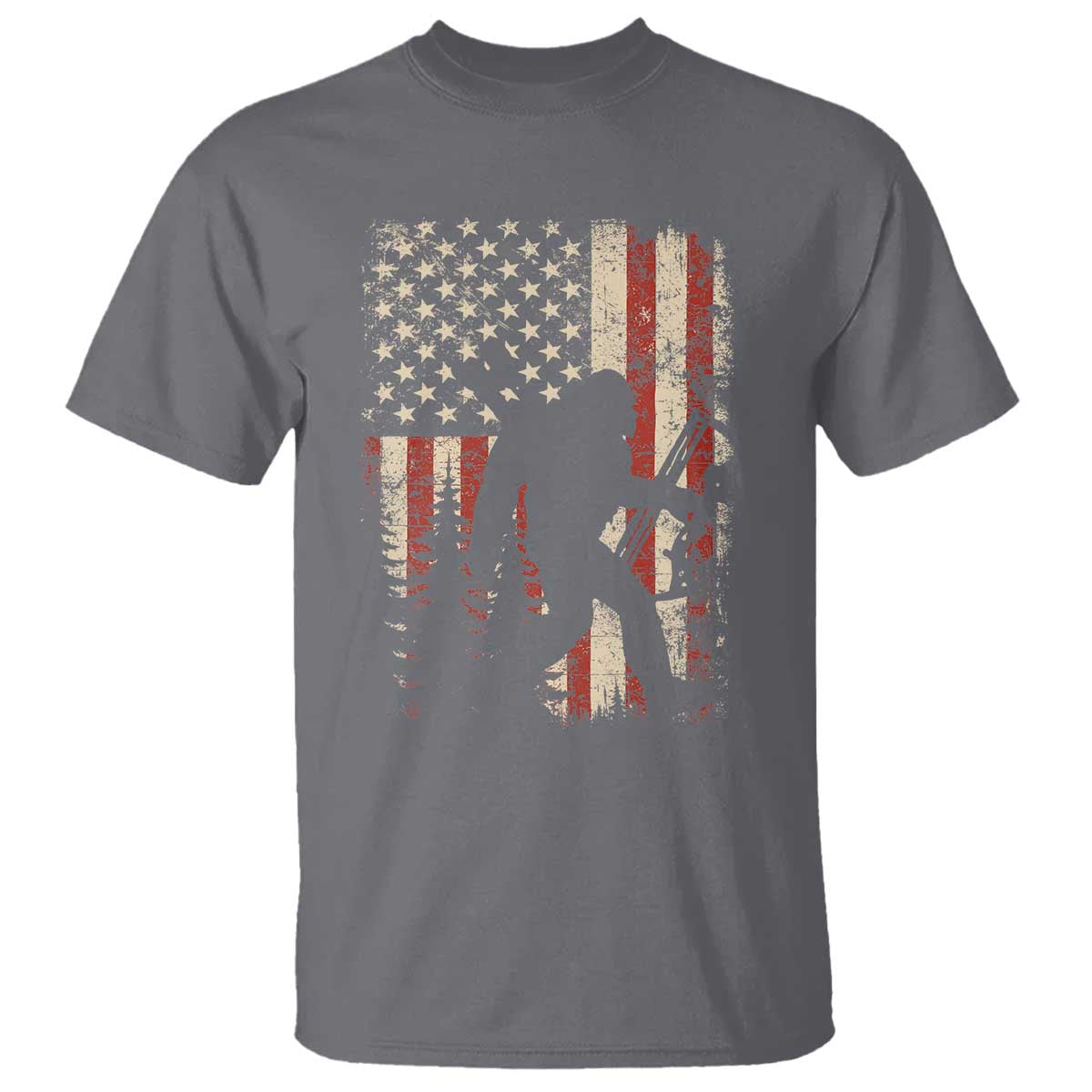 Bow Hunting Bigfoot America Flag T Shirt Patriotic Sasquatch With Archer Hunter Dad TS10 Charcoal Print Your Wear