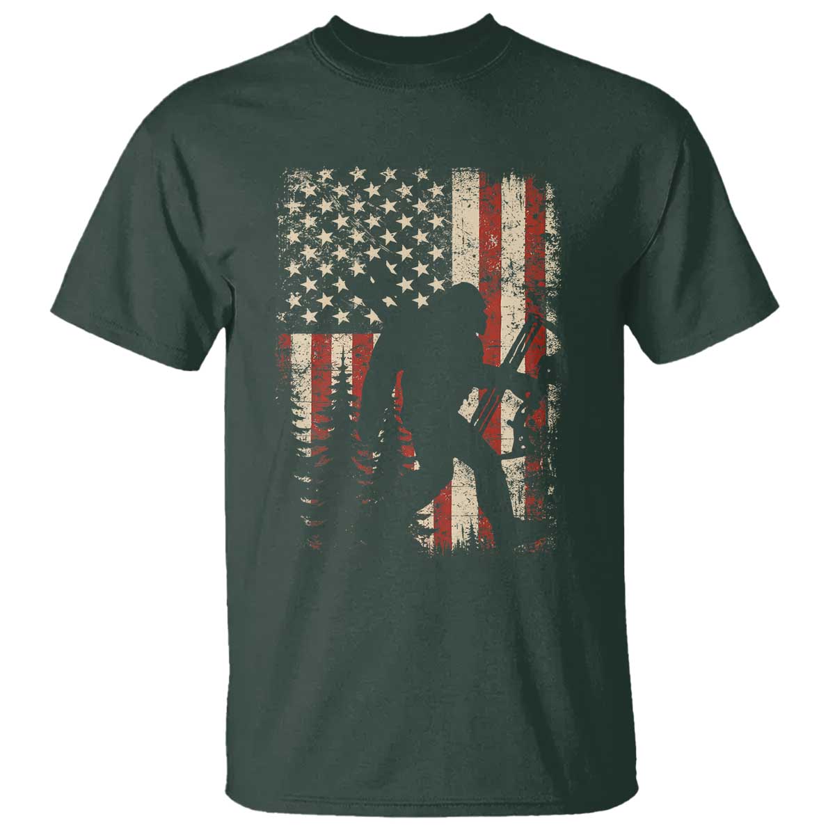Bow Hunting Bigfoot America Flag T Shirt Patriotic Sasquatch With Archer Hunter Dad TS10 Dark Forest Green Print Your Wear