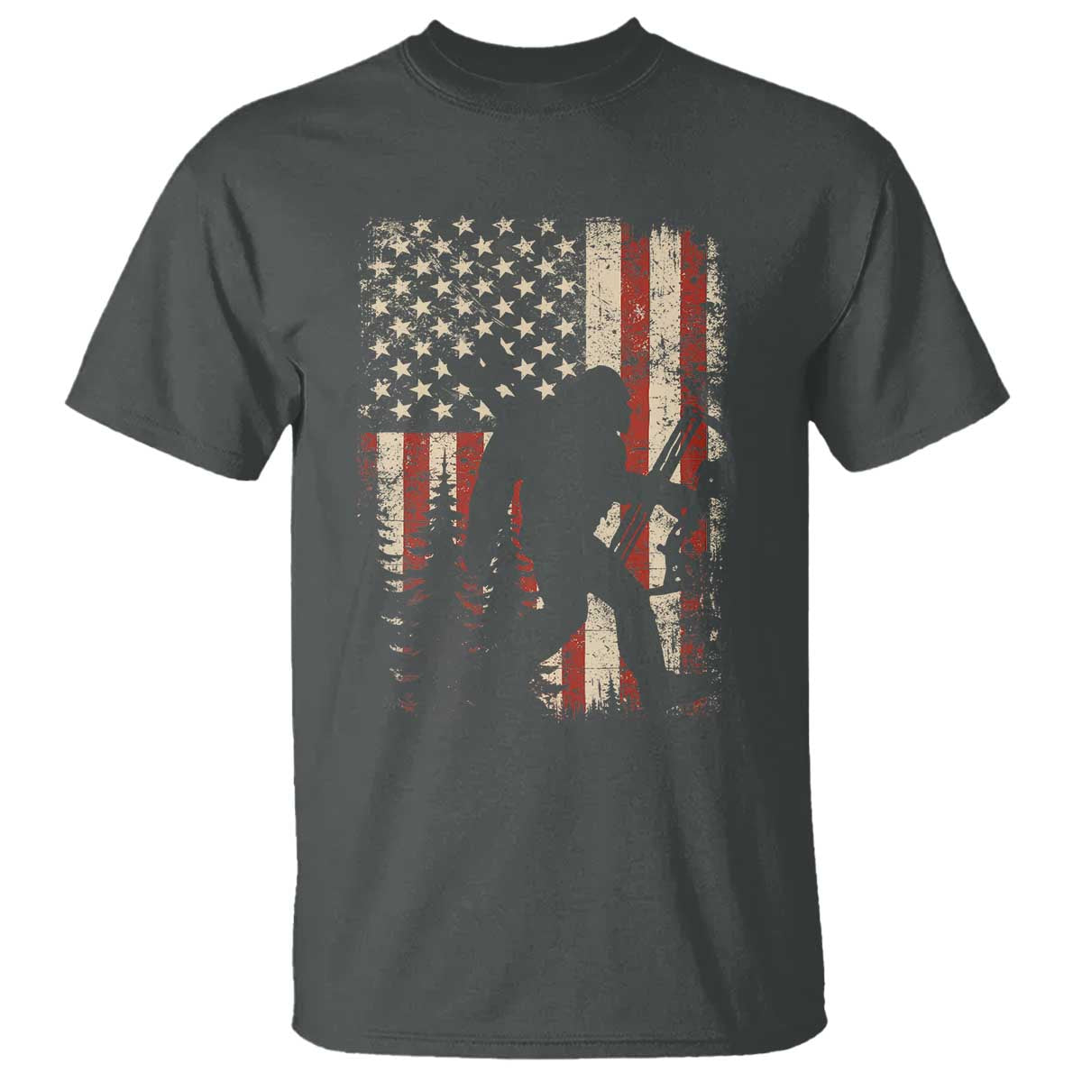 Bow Hunting Bigfoot America Flag T Shirt Patriotic Sasquatch With Archer Hunter Dad TS10 Dark Heather Print Your Wear
