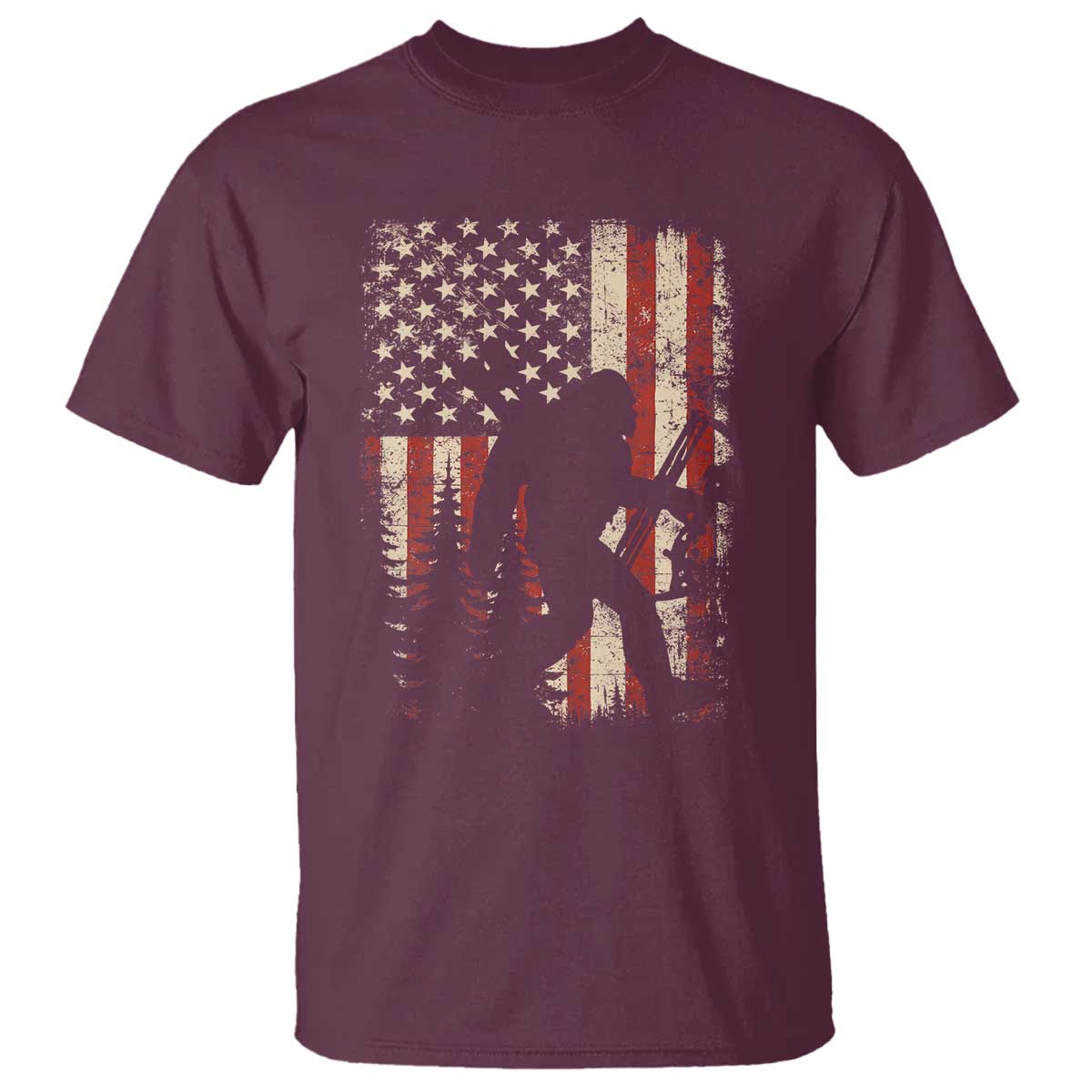 Bow Hunting Bigfoot America Flag T Shirt Patriotic Sasquatch With Archer Hunter Dad TS10 Maroon Print Your Wear