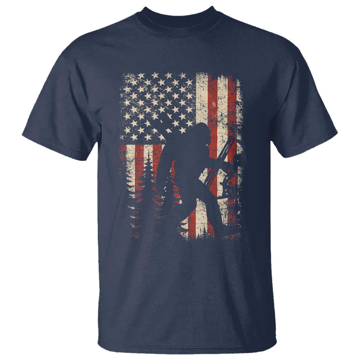 Bow Hunting Bigfoot America Flag T Shirt Patriotic Sasquatch With Archer Hunter Dad TS10 Navy Print Your Wear