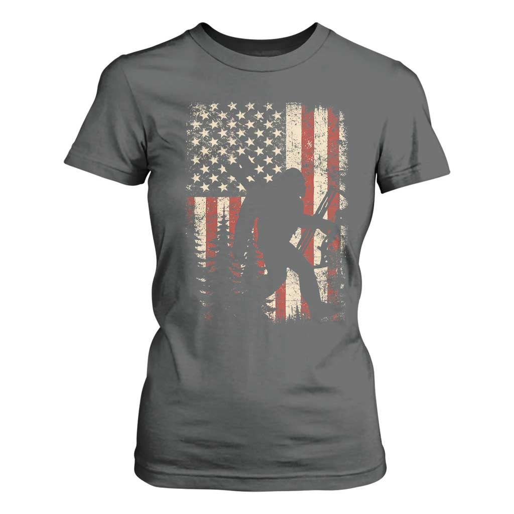 Bow Hunting Bigfoot America Flag T Shirt For Women Patriotic Sasquatch With Archer Hunter Dad TS10 Dark Heather Print Your Wear
