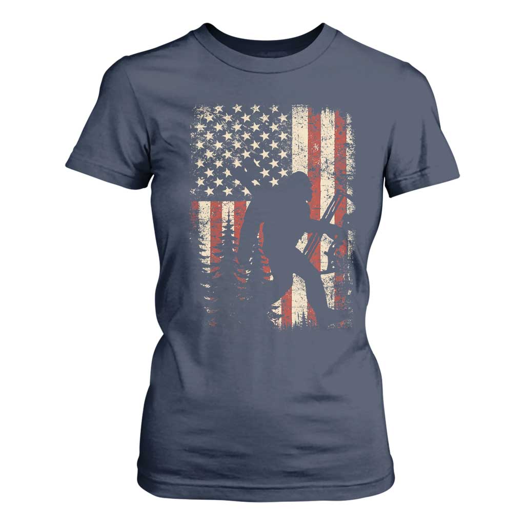Bow Hunting Bigfoot America Flag T Shirt For Women Patriotic Sasquatch With Archer Hunter Dad TS10 Navy Print Your Wear