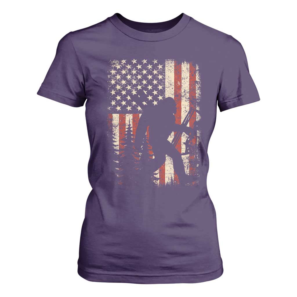 Bow Hunting Bigfoot America Flag T Shirt For Women Patriotic Sasquatch With Archer Hunter Dad TS10 Purple Print Your Wear