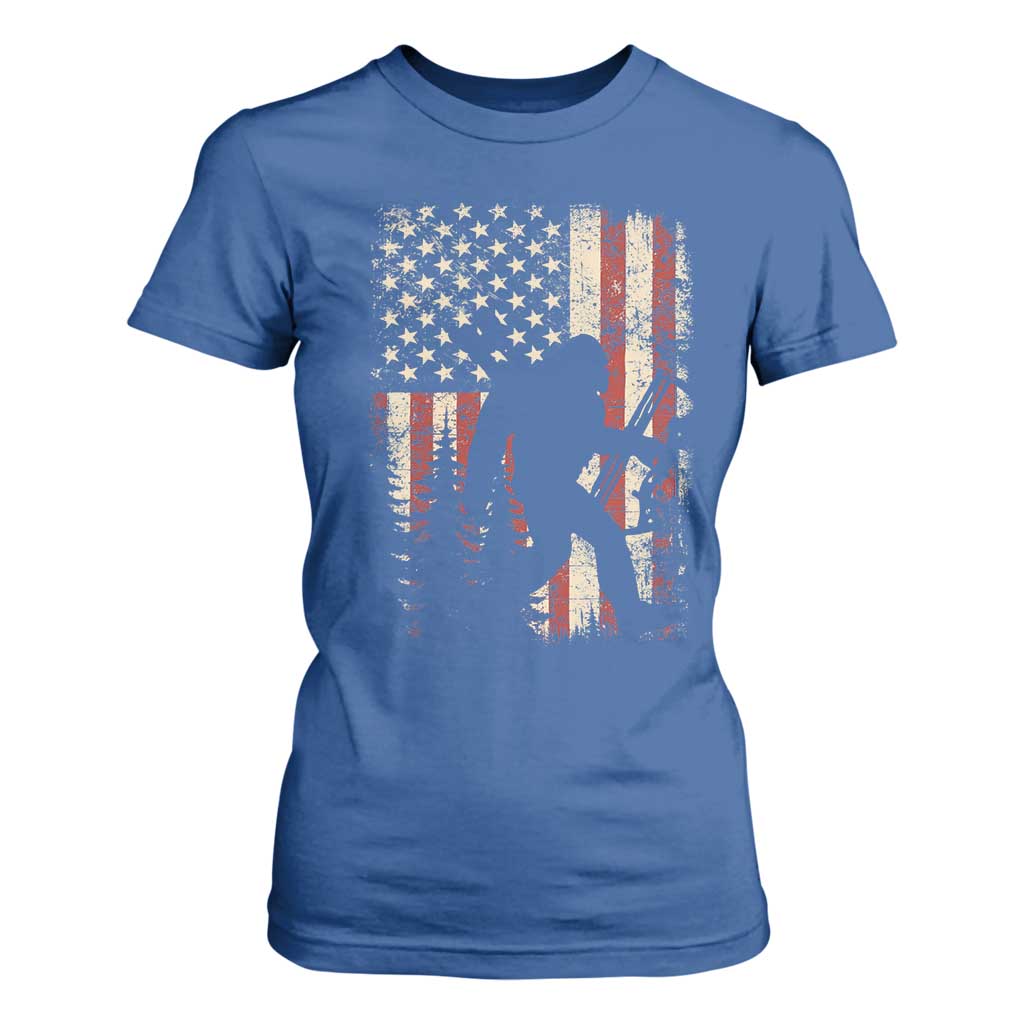 Bow Hunting Bigfoot America Flag T Shirt For Women Patriotic Sasquatch With Archer Hunter Dad TS10 Royal Blue Print Your Wear