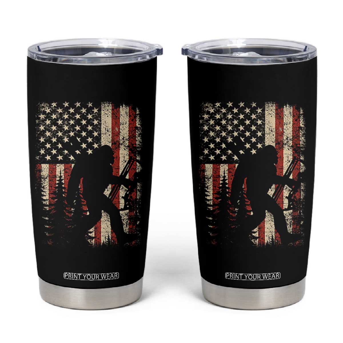 Bow Hunting Bigfoot America Flag Tumbler Cup Patriotic Sasquatch With Archer Hunter Dad TS10 Black Print Your Wear