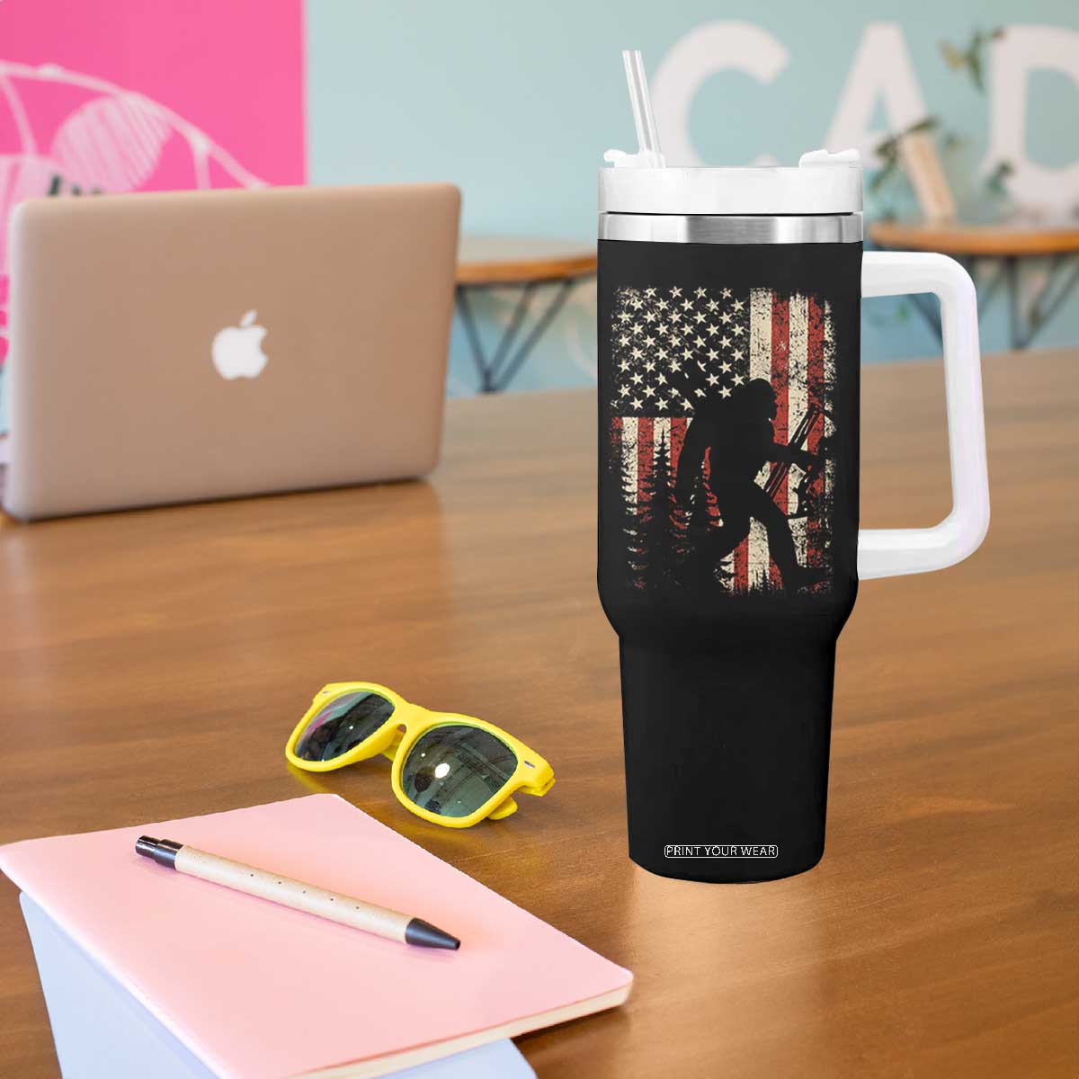 Bow Hunting Bigfoot America Flag Tumbler With Handle Patriotic Sasquatch With Archer Hunter Dad TS10 Print Your Wear