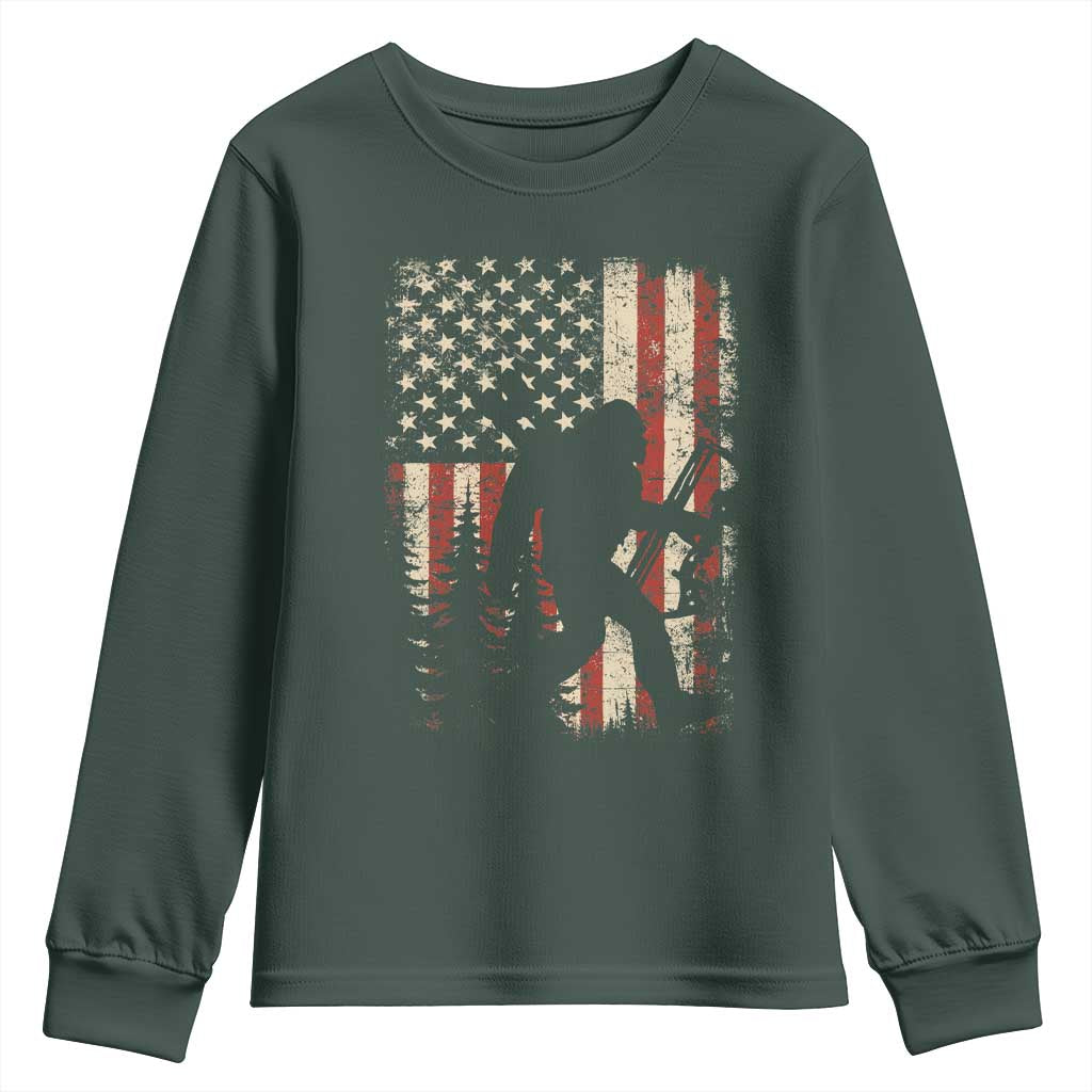 Bow Hunting Bigfoot America Flag Youth Sweatshirt Patriotic Sasquatch With Archer Hunter Dad TS10 Dark Forest Green Print Your Wear