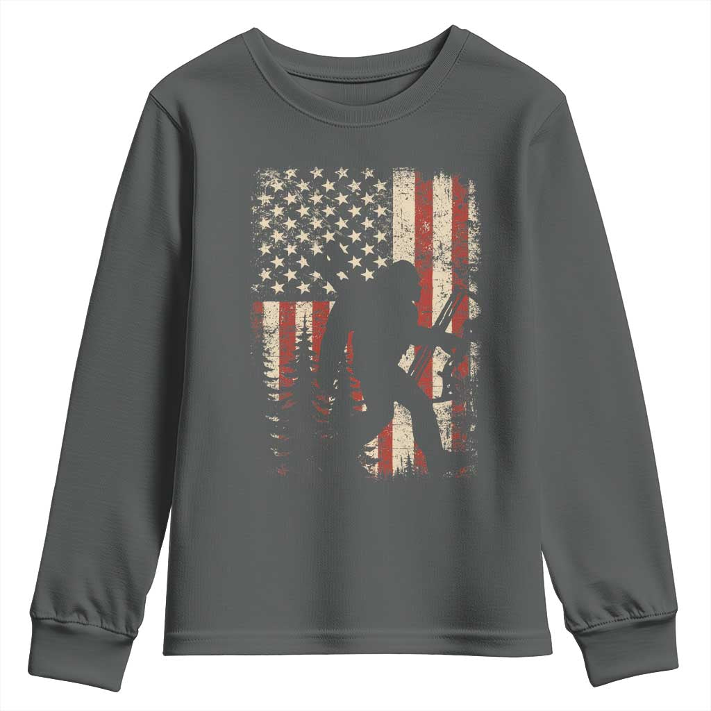 Bow Hunting Bigfoot America Flag Youth Sweatshirt Patriotic Sasquatch With Archer Hunter Dad TS10 Dark Heather Print Your Wear