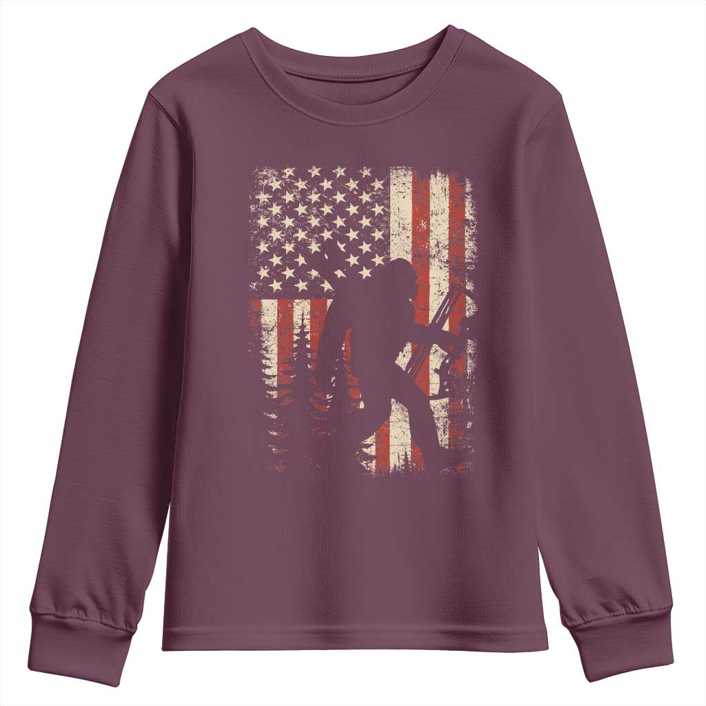 Bow Hunting Bigfoot America Flag Youth Sweatshirt Patriotic Sasquatch With Archer Hunter Dad TS10 Maroon Print Your Wear