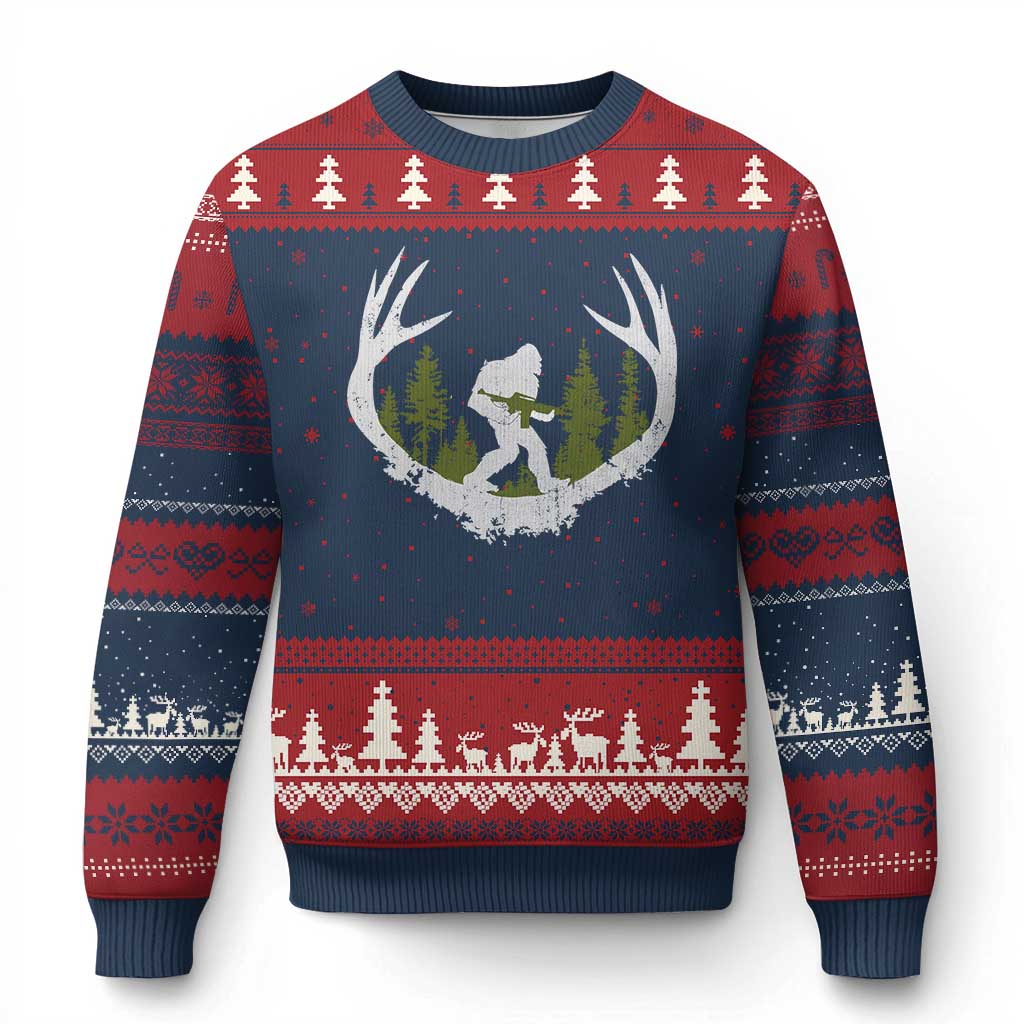 Bigfoot Gun Owner Ugly Christmas Sweater Retro Deer Hunting Sasquatch Hunter Dad TS10 Navy Red Print Your Wear