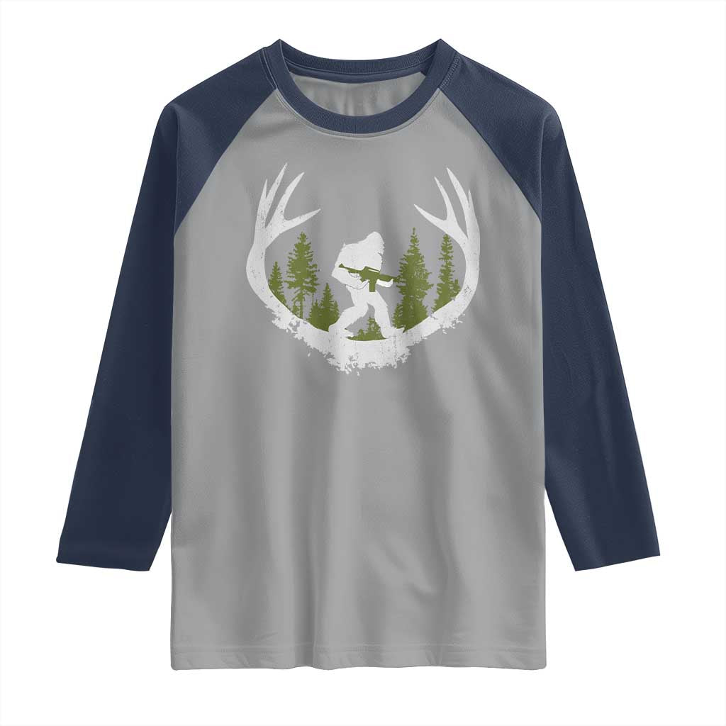 Bigfoot Gun Owner Raglan Shirt Retro Deer Hunting Sasquatch Hunter Dad TS10 Sport Gray Navy Print Your Wear
