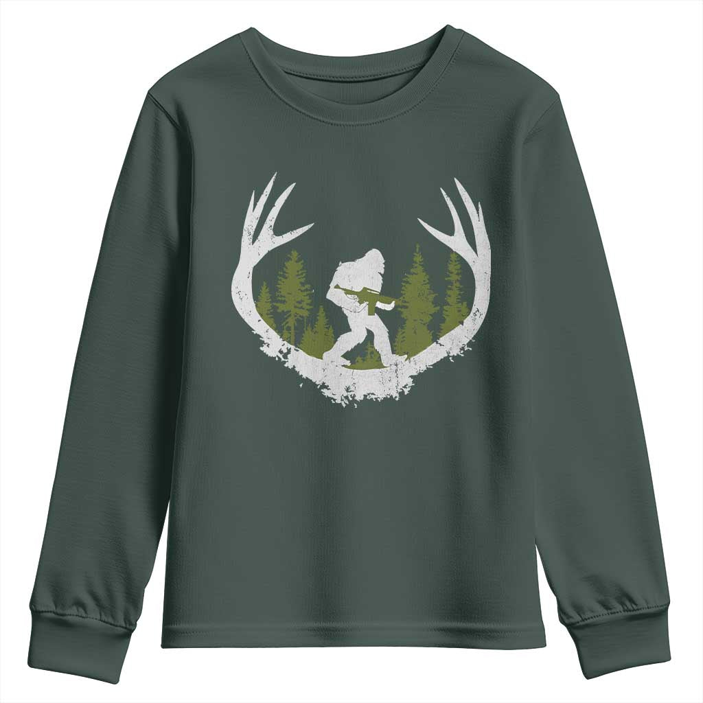 Bigfoot Gun Owner Youth Sweatshirt Retro Deer Hunting Sasquatch Hunter Dad TS10 Dark Forest Green Print Your Wear