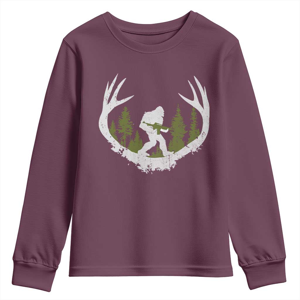 Bigfoot Gun Owner Youth Sweatshirt Retro Deer Hunting Sasquatch Hunter Dad TS10 Maroon Print Your Wear