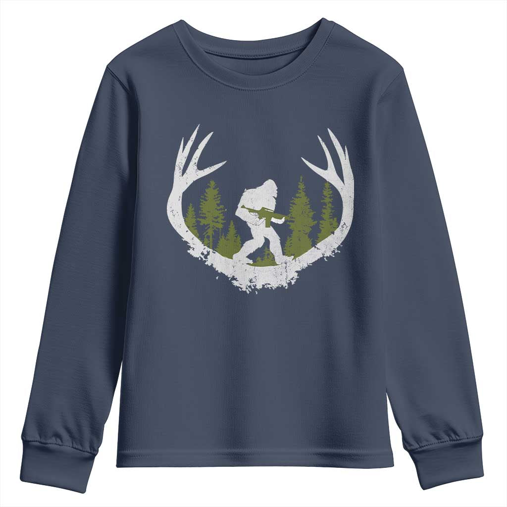 Bigfoot Gun Owner Youth Sweatshirt Retro Deer Hunting Sasquatch Hunter Dad TS10 Navy Print Your Wear