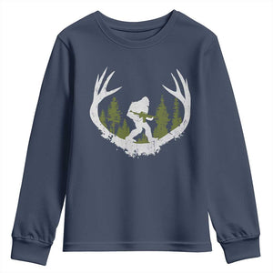 Bigfoot Gun Owner Youth Sweatshirt Retro Deer Hunting Sasquatch Hunter Dad TS10 Navy Print Your Wear