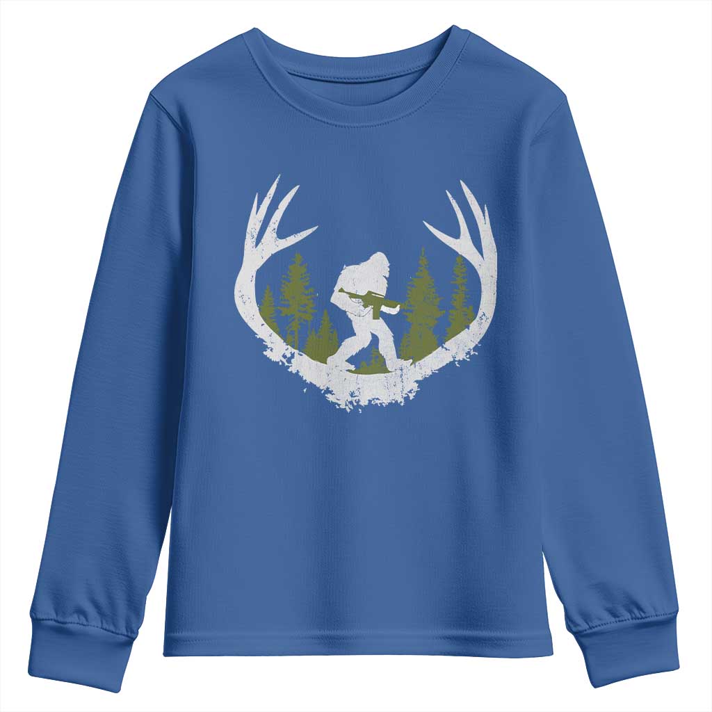 Bigfoot Gun Owner Youth Sweatshirt Retro Deer Hunting Sasquatch Hunter Dad TS10 Royal Blue Print Your Wear