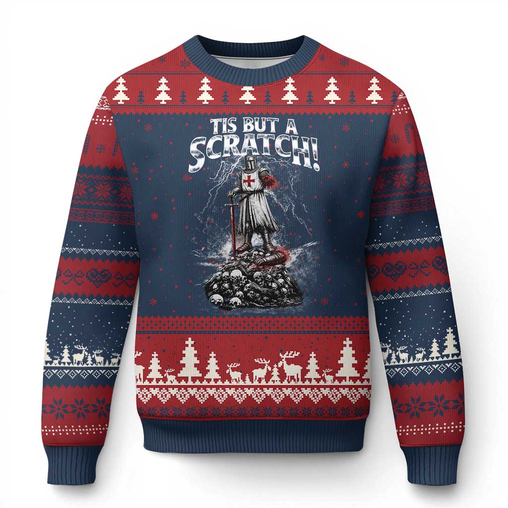 Funny Tis But A Scratch Medieval Warrior Knight Ugly Christmas Sweater Funny Gift Sarcastic Quote TS10 Navy Red Print Your Wear