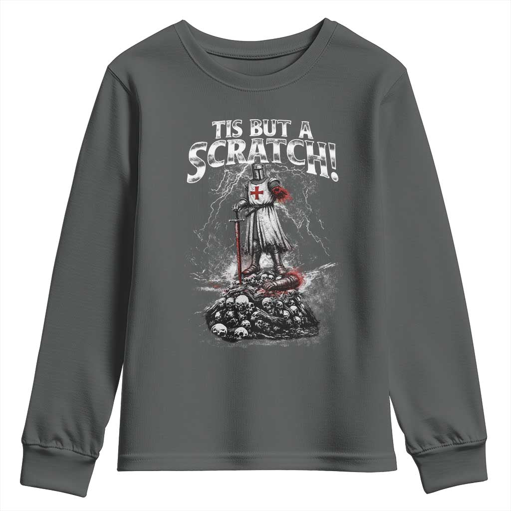 Funny Tis But A Scratch Medieval Warrior Knight Youth Sweatshirt Funny Gift Sarcastic Quote TS10 Dark Heather Print Your Wear