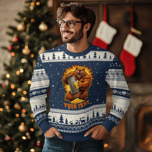Personalized BF Angry Bear Grating Cheese Ugly Christmas Sweater Custom Text Football Fans TS10 Navy Beige Print Your Wear