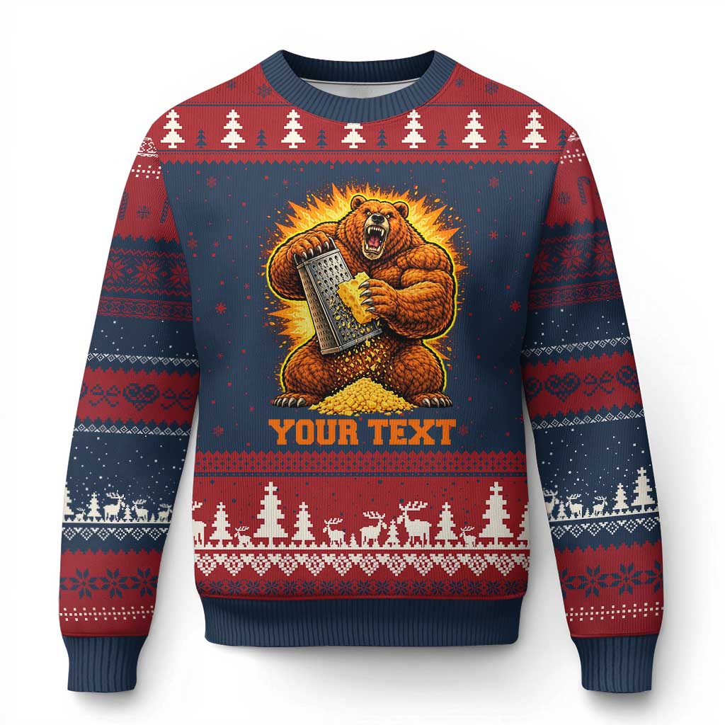 Personalized BF Angry Bear Grating Cheese Ugly Christmas Sweater Custom Text Football Fans TS10 Navy Red Print Your Wear