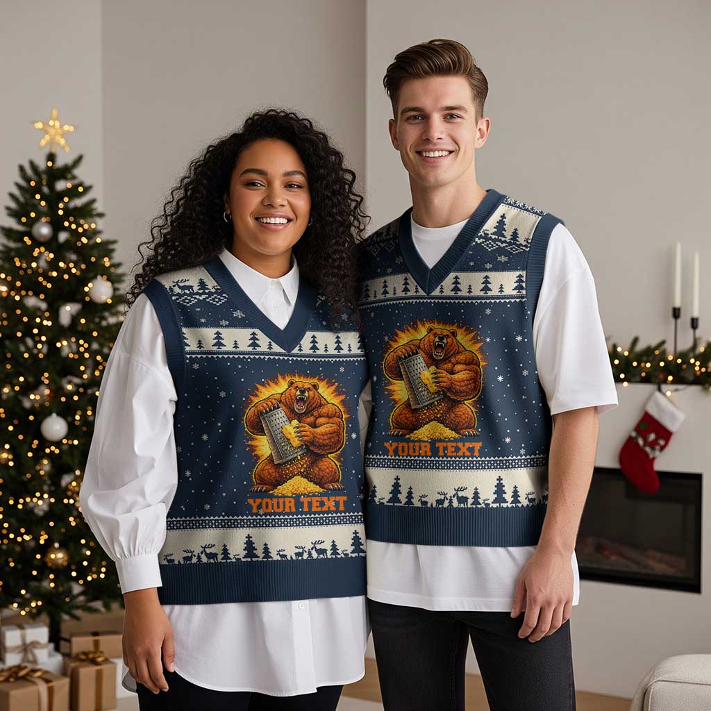 Personalized BF Angry Bear Grating Cheese V-Neck Knit Sweater Vest Custom Text Football Fans TS10 Navy Beige Print Your Wear
