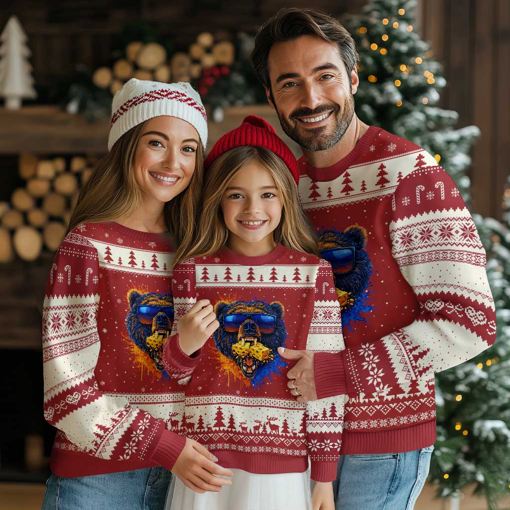Angry Bear Lets Eat Cheese Ugly Christmas Sweater CFB Game Day Sport Fan TS10 Red Beige Print Your Wear
